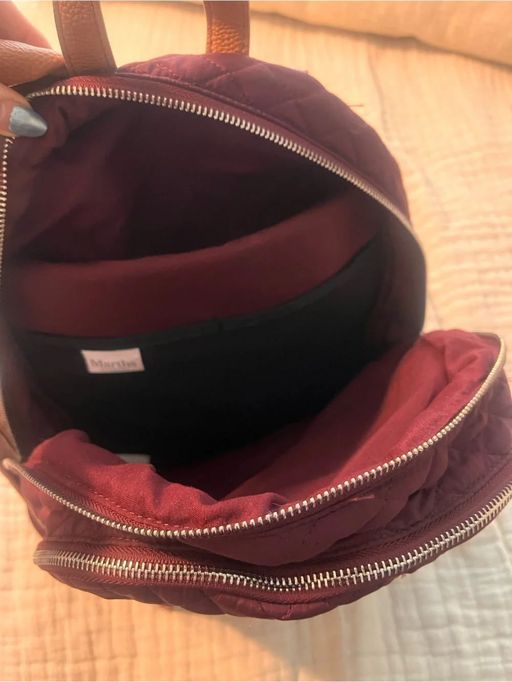 Martha Stewart Quilted Burgundy Backpack with Tan Straps